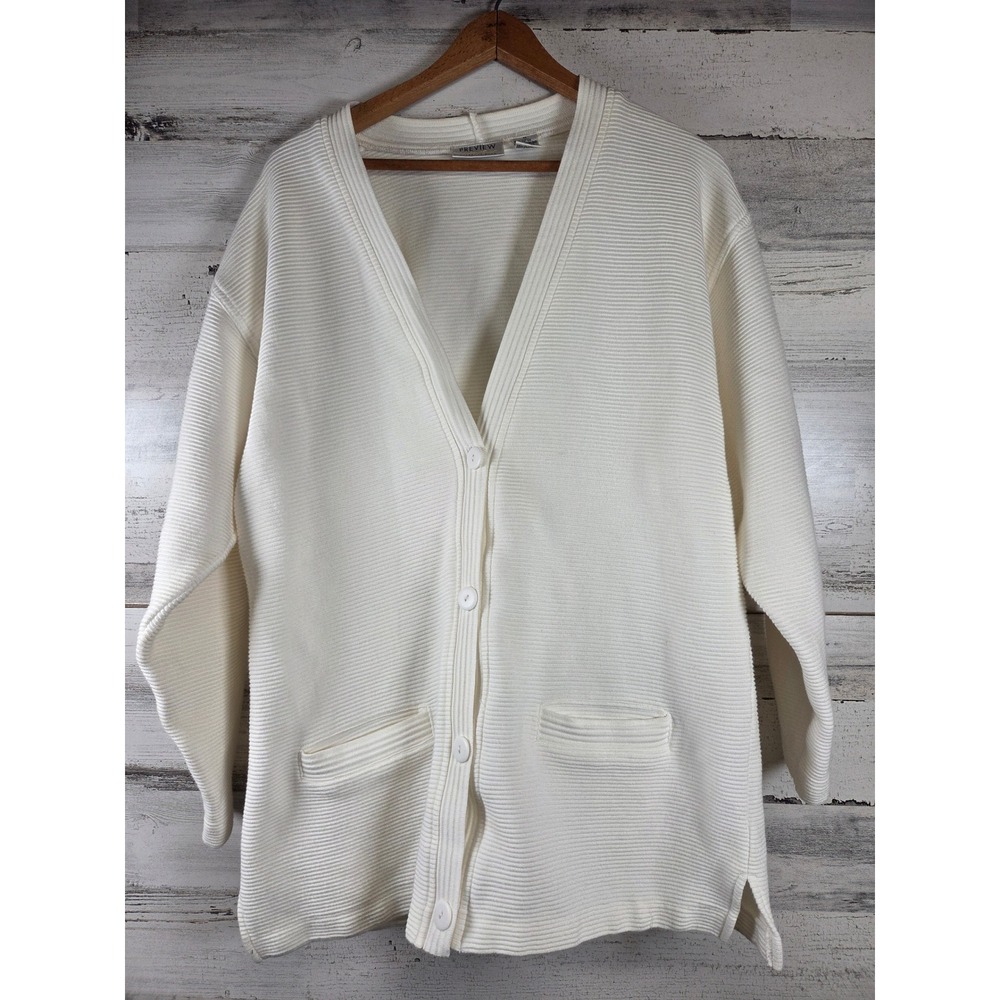 Preview International Cardigan Women Medium Cream Ribbed Cotton‎ V-Neck